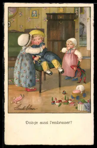 Künstler-AK Pauli Ebner: Mädchen küsst kleinen Jungen zur Begrüssung
