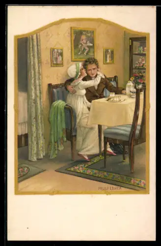 Künstler-AK Pauli Ebner: Junges Paar am Kaffeetisch in der Stube
