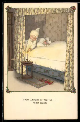 Künstler-AK Pauli Ebner: Knabe löscht die Kerze, unser Tagwerk ist vollbracht