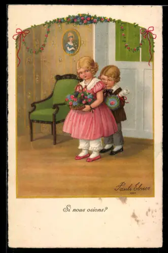 Künstler-AK Pauli Ebner: Kleine Gratulanten mit Blumen
