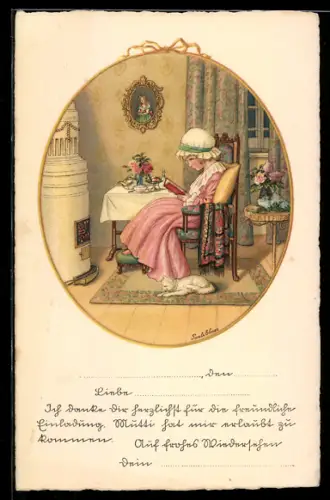 Künstler-AK Pauli Ebner: Mädchen liest vor dem Ofen