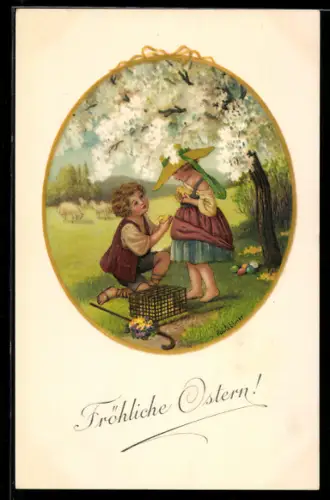 Künstler-AK Pauli Ebner: Kinderpaar mit Osterküken im Frühling