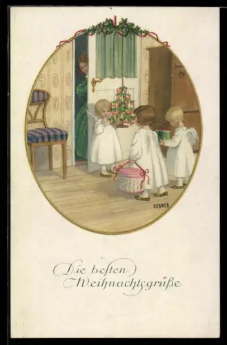 Künstler-AK Pauli Ebner: Kleine Weihnachtsengel bringen Geschenke