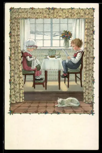 Künstler-AK Pauli Ebner: Kinder am Frühstückstisch mit weisser Katze