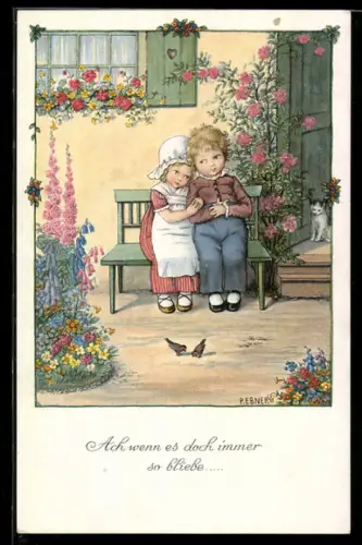 Künstler-AK Pauli Ebner: junges Paar auf einer Bank vorm Haus sitzend