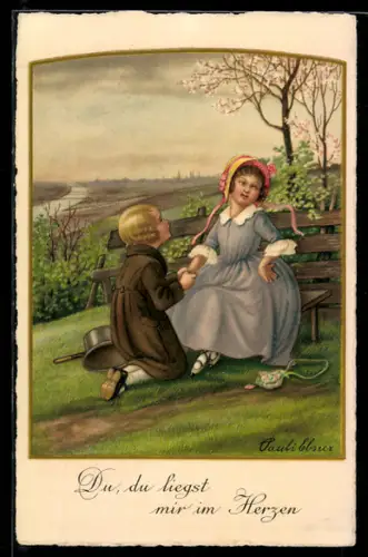Künstler-AK Pauli Ebner: Junge geht vor seiner Liebsten auf die Knie