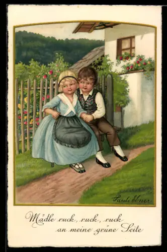 Künstler-AK Pauli Ebner: Junge und Mädchen auf einer Bank
