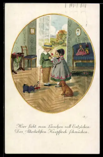 Künstler-AK Pauli Ebner: Lieschen steckt ihrem Liebsten eine Blume ins Knopfloch