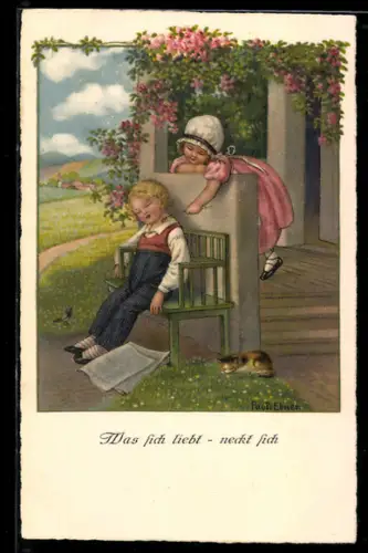 Künstler-AK Pauli Ebner: Was sich liebt-neckt sich, Mädchen kitzelt ihren schlafenden Freund