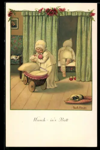 Künstler-AK Pauli Ebner: Husch - in`s Bett, Mädchen bringt ihre Puppe ins Bett