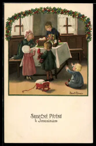 Künstler-AK Pauli Ebner: Kinder sitzen an einem gedeckten Tisch mit Kuchen