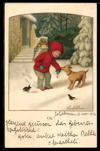 Künstler-AK Pauli Ebner: Hund beisst einem Jungen in den Ärmel