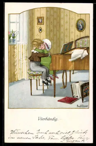 Künstler-AK Pauli Ebner: Vierhändig, küssendes Paar am Klavier