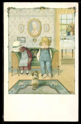 Künstler-AK Pauli Ebner: Streitendes Kinderpaar auf einem Sofa