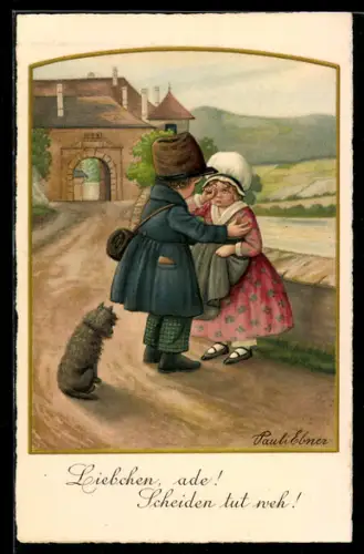 Künstler-AK Pauli Ebner: Junges Paar verabschiedet sich unter Tränen