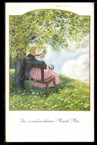 Künstler-AK Pauli Ebner: Im wunderschönen Monat Mai, junges Liebespaar sitzt auf der Bank auf der Blumenwiese