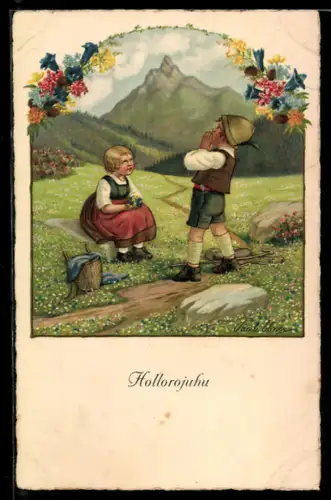 Künstler-AK Pauli Ebner: Kinder auf der Alm