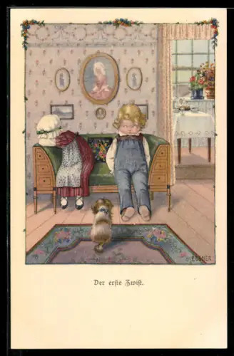Künstler-AK Pauli Ebner: der erste Zwist, Kinder haben sich gestritten, Hund