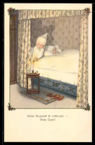 Künstler-AK Pauli Ebner: Knabe löscht die Kerze, unser Tagwerk ist vollbracht
