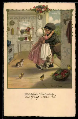 Künstler-AK Pauli Ebner: Junge Hausfrau begrüsst ihren wiederkehrenden Mann mit einem Kuss