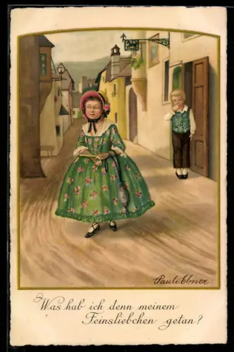 Künstler-AK Pauli Ebner: Junge schaut Mädchen auf der Strasse hinterher