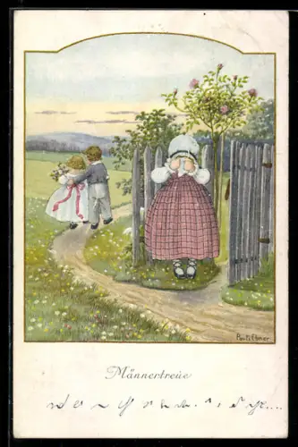 Künstler-AK Pauli Ebner: Kind weint am Gartenzaun & anderes Kinderpaar zieht von dannen