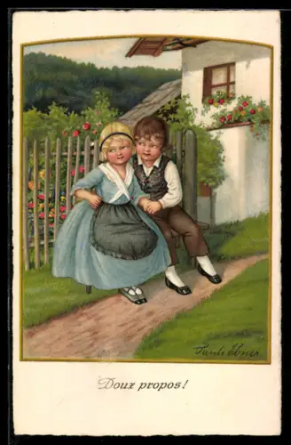 Künstler-AK Pauli Ebner: Doux Propos!, Junge und Mädchen auf einer Bank