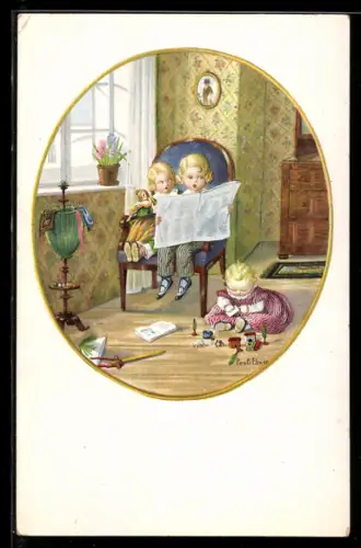 Künstler-AK Pauli Ebner: Zwei Kinder mit Zeitung und Kleinkind