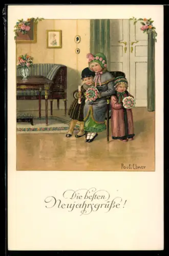 Künstler-AK Pauli Ebner: Die besten Neujahrsgrüsse, Kinder mit Blumen