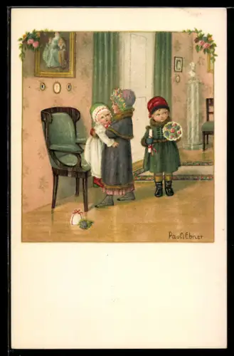 Künstler-AK Pauli Ebner: Drei Kinder in Wintermänteln mit Geschenken