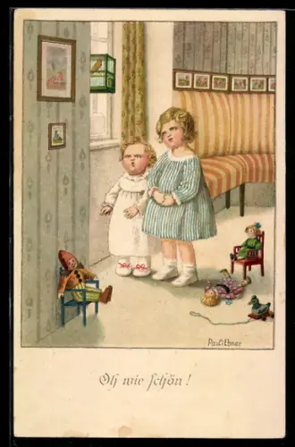 Künstler-AK Pauli Ebner: Oh wie Schön! Kleine Mädchen beobachten einen Vogel