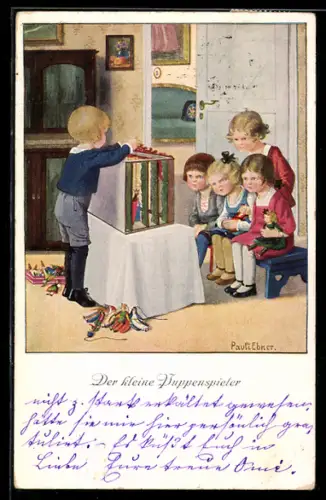 Künstler-AK Pauli Ebner: Der kleine Puppenspieler unterhält seine Gäste
