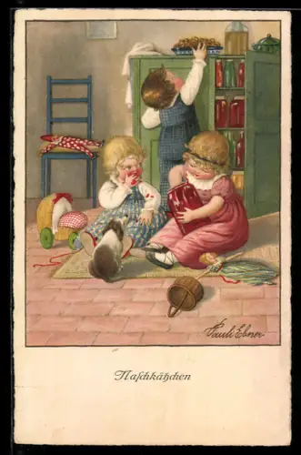 Künstler-AK Pauli Ebner: Naschkätzchen, kleine Mädchen naschen aus einem Glas