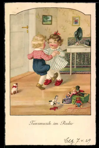 Künstler-AK Pauli Ebner: Junge und Mädchen tanzen im Kinderzimmer