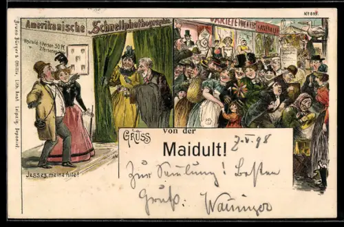 Lithographie Passau, Volksfest Maiduft, Amerikanische Schnellphotographie, Buntes Treiben auf dem Festplatz