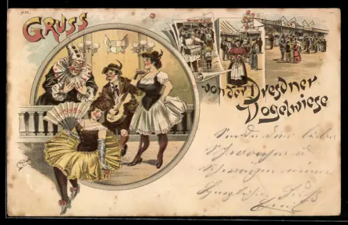 Lithographie Dresden, Dresdener Vogelwiese, Buntes Treben auf dem Festplatz