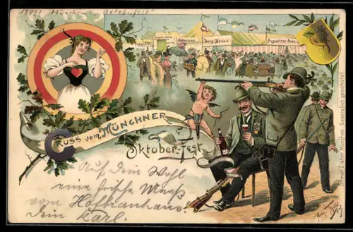 Künstler-AK Arthur Thiele: München, Münchner Oktoberfest, Schütze zielt auf das Herz einer Dame