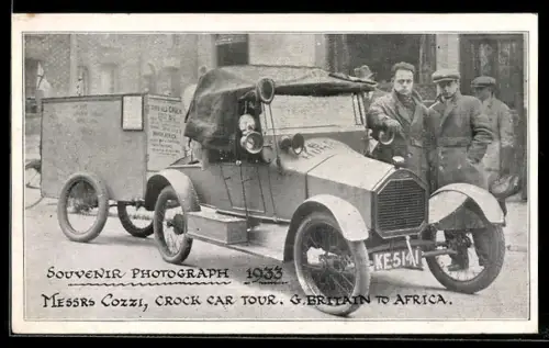 AK Messrs Cozzi Crock Car Tour 1933, Männer neben ihrem Automobil