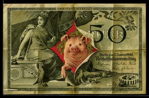 AK Berlin, Schwein platzt aus einem Geldschein 50 Mark