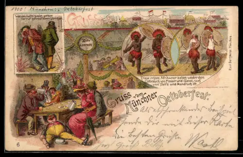 Lithographie München, Oktoberfest, Echte Afrikaner, Urinierender und sich übergebender Zecher