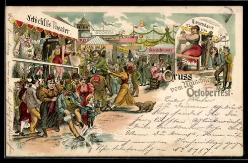 Lithographie München, Münchner Oktoberfest, Seeschlange, Schichtl`s Theater, Riesendame