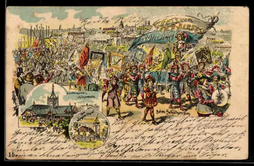 Lithographie München, Oktoberfest, Schützenzug, Schottenhainers Schützenhaus, Zum Winzerer Fähndi