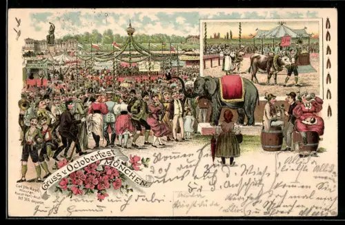 Lithographie München, Oktoberfest, Elefant begrüsst die Menge