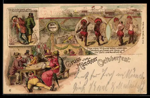 Lithographie München, Oktoberfest, Echte Afrikaner, Urinierender und sich übergebender Zecher