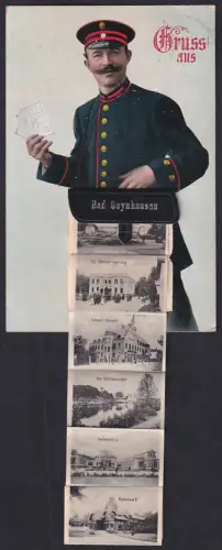 Leporello-AK Bad Oeynhausen, Kurhaus, Badehaus, Gradierwerk, Kaiserl. Postamt, Briefträger mit Brieftasche