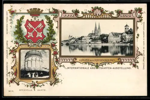 AK Ganzsache PP15 D63 /01: Regensburg, I. Internationale Ansichtskarten-Ausstellung, Teilansicht, Wappen