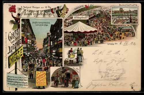 Lithographie Leipzig, Die Petersstrasse während der Messe, Auf dem Brühl, Augustplatz aus der Vogelschau