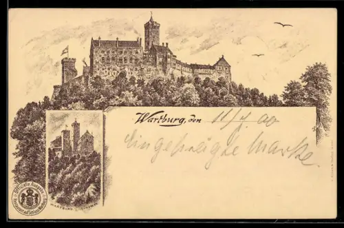 Lithographie Wartburg, Gesamtansicht und Blick auf die Südseite, Ganzsache