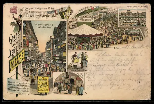 Vorläufer-Lithographie Leipzig, 1894, Die Petersstrasse während der Messe, Auf dem Brühl, Augustplatz aus der Vogelschau