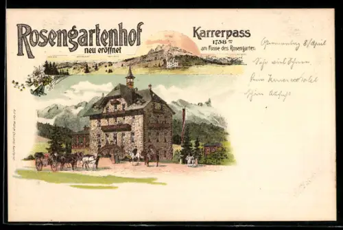 Lithographie Welschnofen, Hotel Rosengartenhof am Fusse des Rosengartens